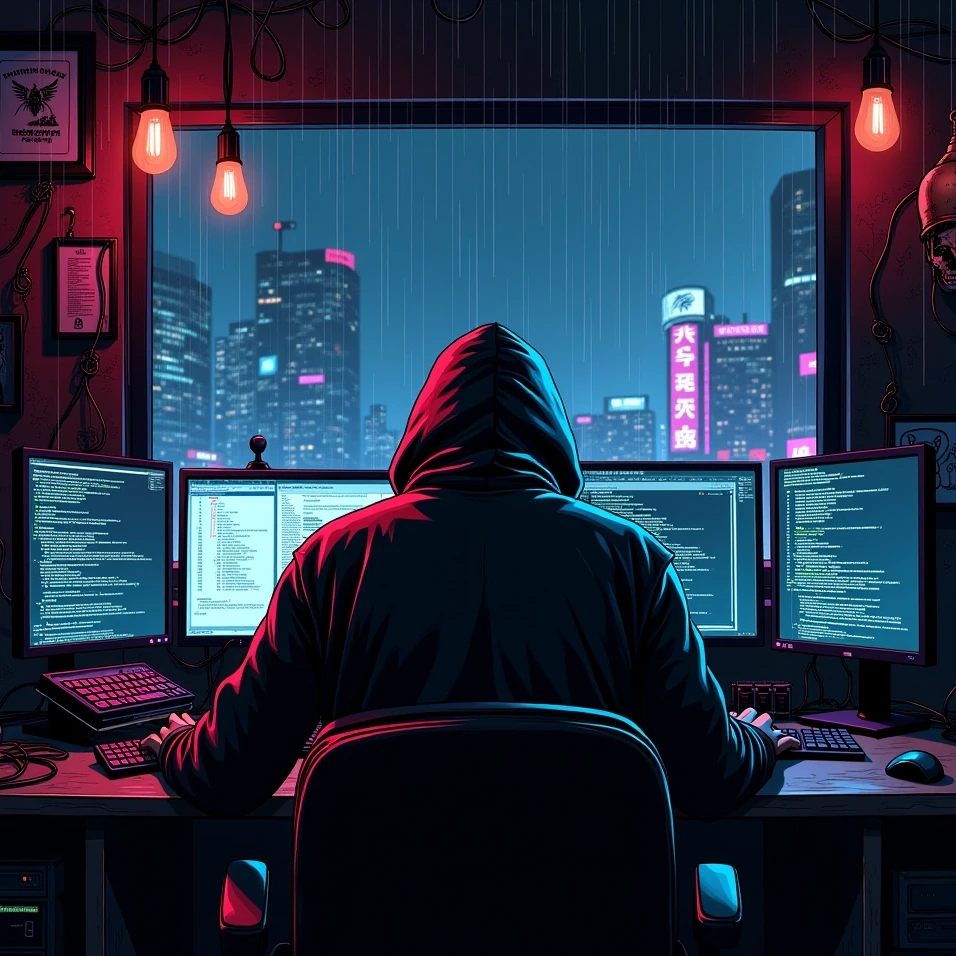A person sits in a dimly lit room facing away. In front of them are four computer monitors displaying code. Beyond that a window opens up to show a cyberpunk city skyline at night.